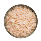 Open can of Kakato Chicken & Cheese pet food showing shredded chicken and cheese mixture